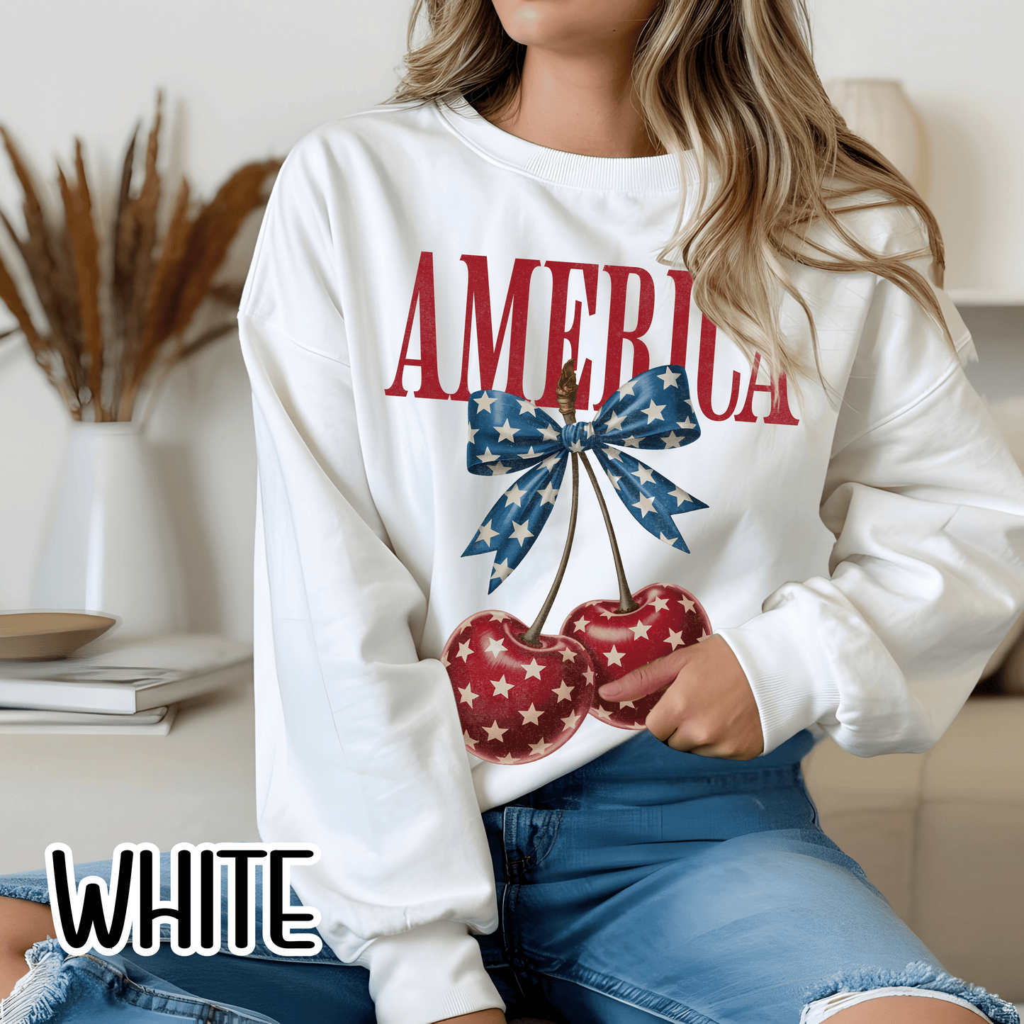 America Cherry Bow Sweatshirt • 4th of July Coquette Crewneck • Red White Blue Graphic shirt