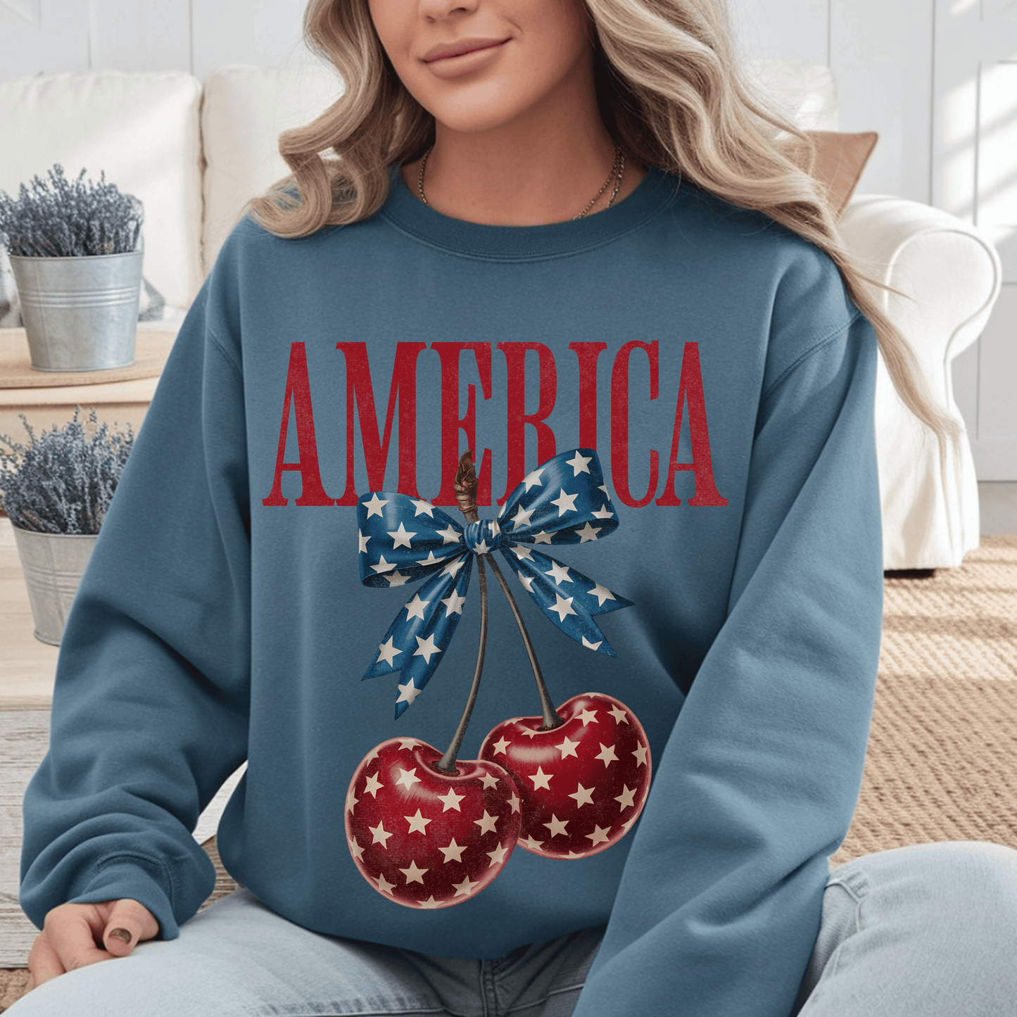 America Cherry Bow Sweatshirt • 4th of July Coquette Crewneck • Red White Blue Graphic shirt