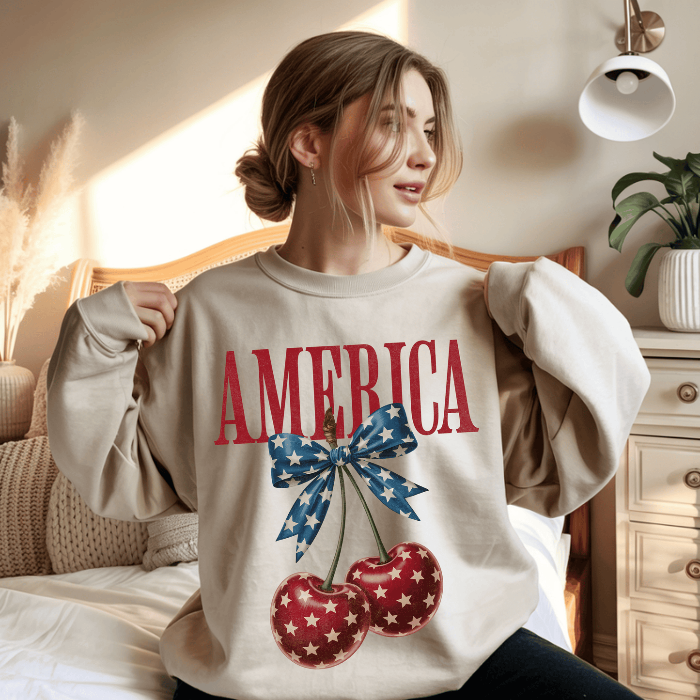 America Cherry Bow Sweatshirt • 4th of July Coquette Crewneck • Red White Blue Graphic shirt