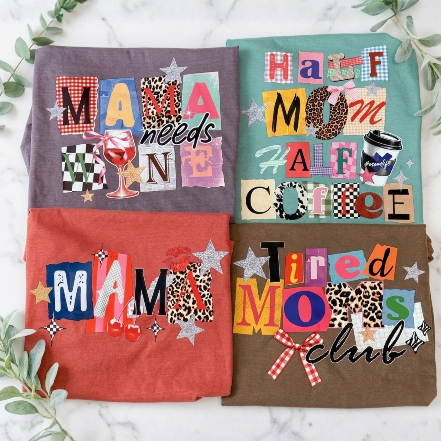 Mama Needs Wine Graphic Tee • Funny Mom Shirt Women • Trendy Patchwork Mixed Print Leopard Gingham Tee • Mom Life Shirt