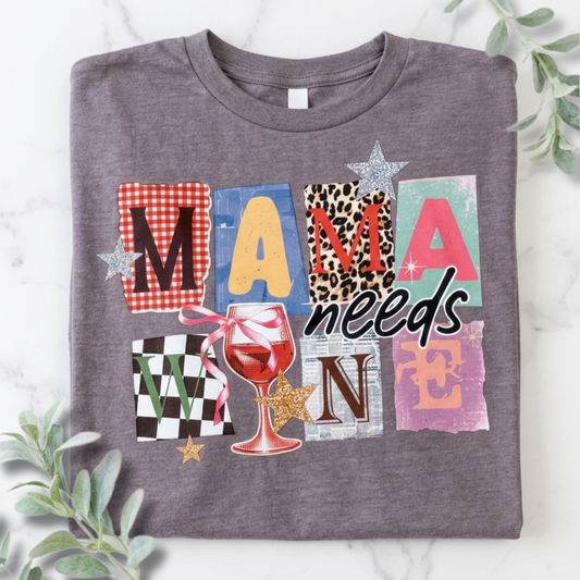 Mama Needs Wine Graphic Tee • Funny Mom Shirt Women • Trendy Patchwork Mixed Print Leopard Gingham Tee • Mom Life Shirt