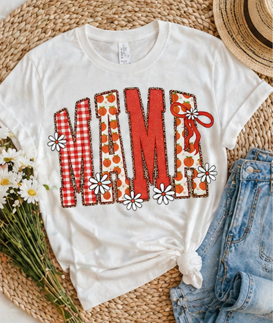 Daisy Peach MAMA Floral Shirt • Spring Graphic Tee • Peach Gingham Mom Shirt • Feminine Boutique Everyday Outfit