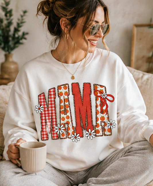 Daisy Peach MAMA Floral Sweatshirt • Spring Graphic Crew • Peach Gingham Mom pullover • Feminine Boutique Everyday Outfit