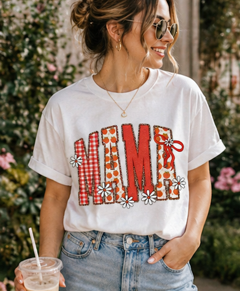 Daisy Peach MAMA Floral Sweatshirt • Spring Graphic Crew • Peach Gingham Mom pullover • Feminine Boutique Everyday Outfit