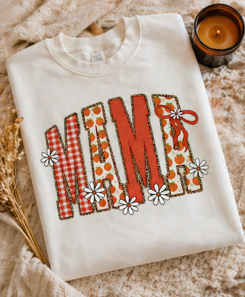 Daisy Peach MAMA Floral Sweatshirt • Spring Graphic Crew • Peach Gingham Mom pullover • Feminine Boutique Everyday Outfit