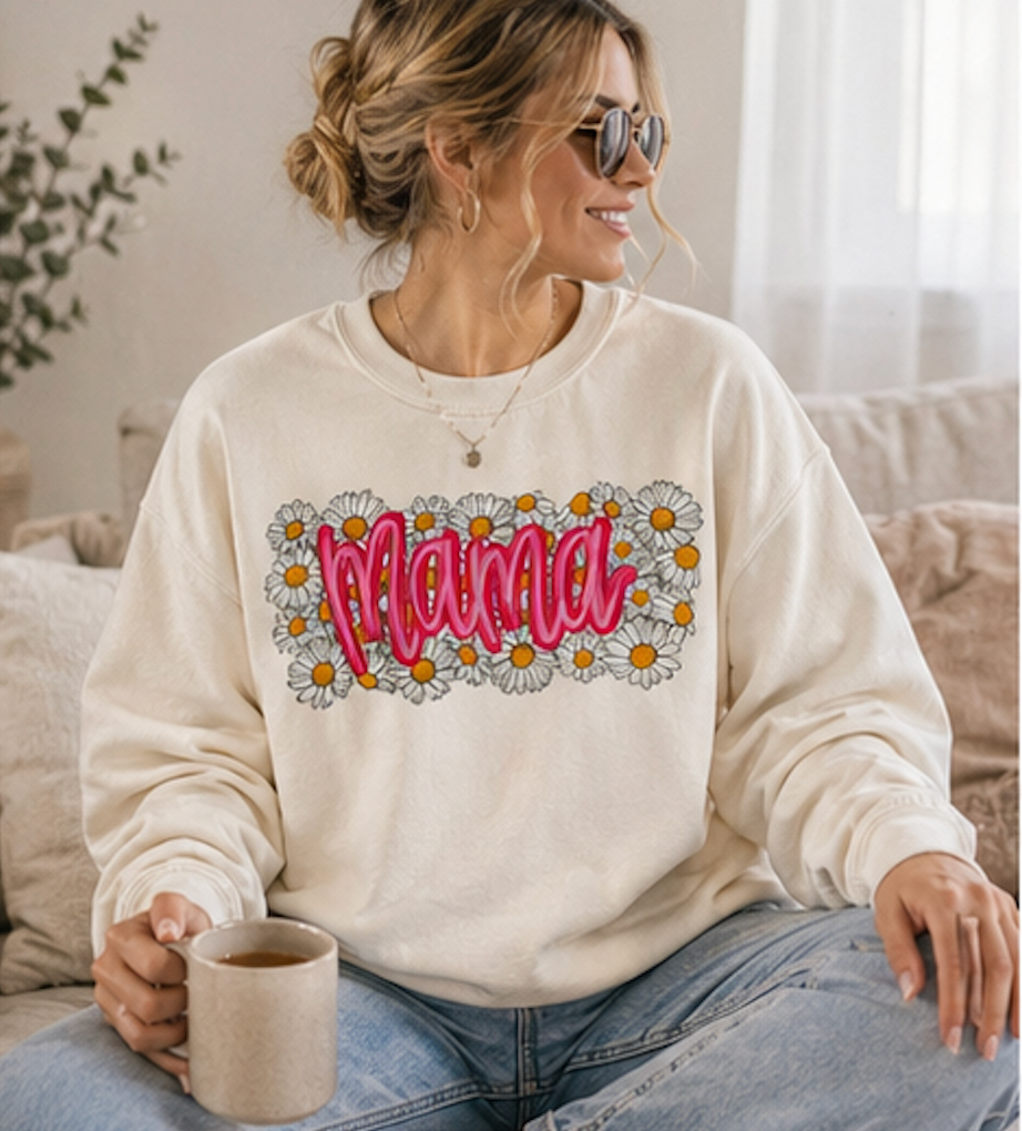 Pink Daisy Mama Sweatshirt • Floral Mama Crewneck • Spring Mama Graphic Sweatshirt • Cute Motherhood Cozy Outfit