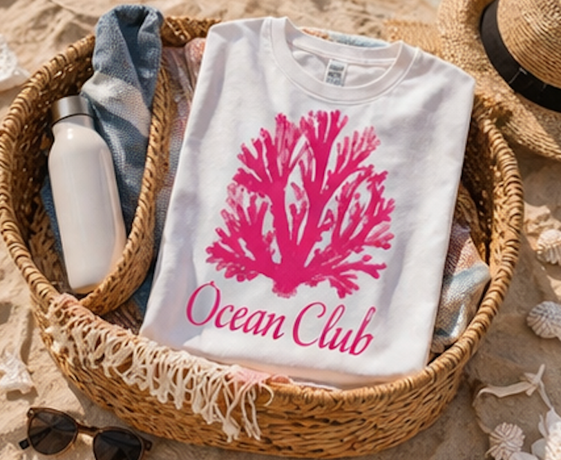 Ocean Club Summer Shirt • Pink Coral Beach Tee • Coastal Vacation Graphic Shirt • Beach Trip Outfit
