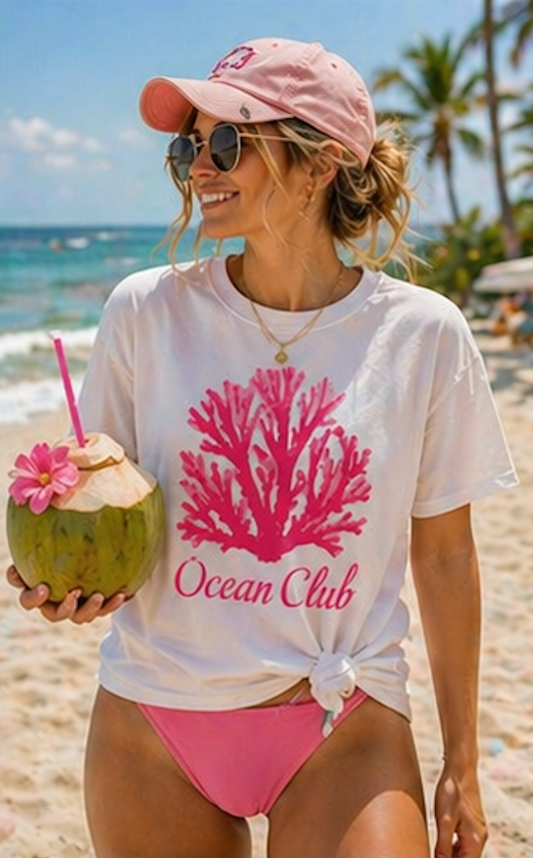 Ocean Club Summer Shirt • Pink Coral Beach Tee • Coastal Vacation Graphic Shirt • Beach Trip Outfit