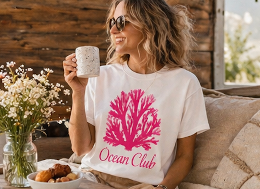 Ocean Club Crewneck • Coastal Summer Sweatshirt • Pink Coral Beach Vacation Pullover • Resort Style