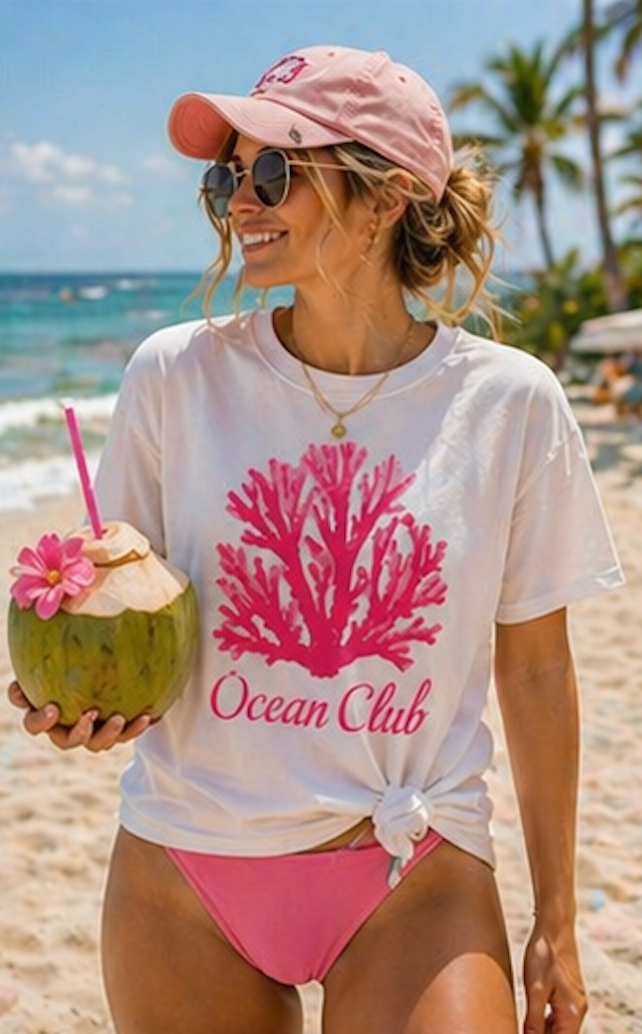 Ocean Club Crewneck • Coastal Summer Sweatshirt • Pink Coral Beach Vacation Pullover • Resort Style