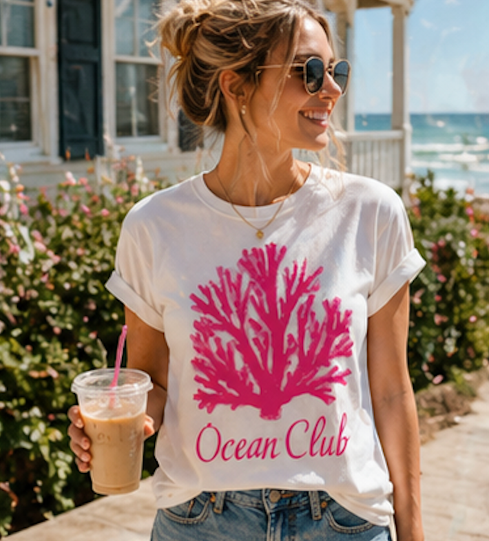 Ocean Club Crewneck • Coastal Summer Sweatshirt • Pink Coral Beach Vacation Pullover • Resort Style