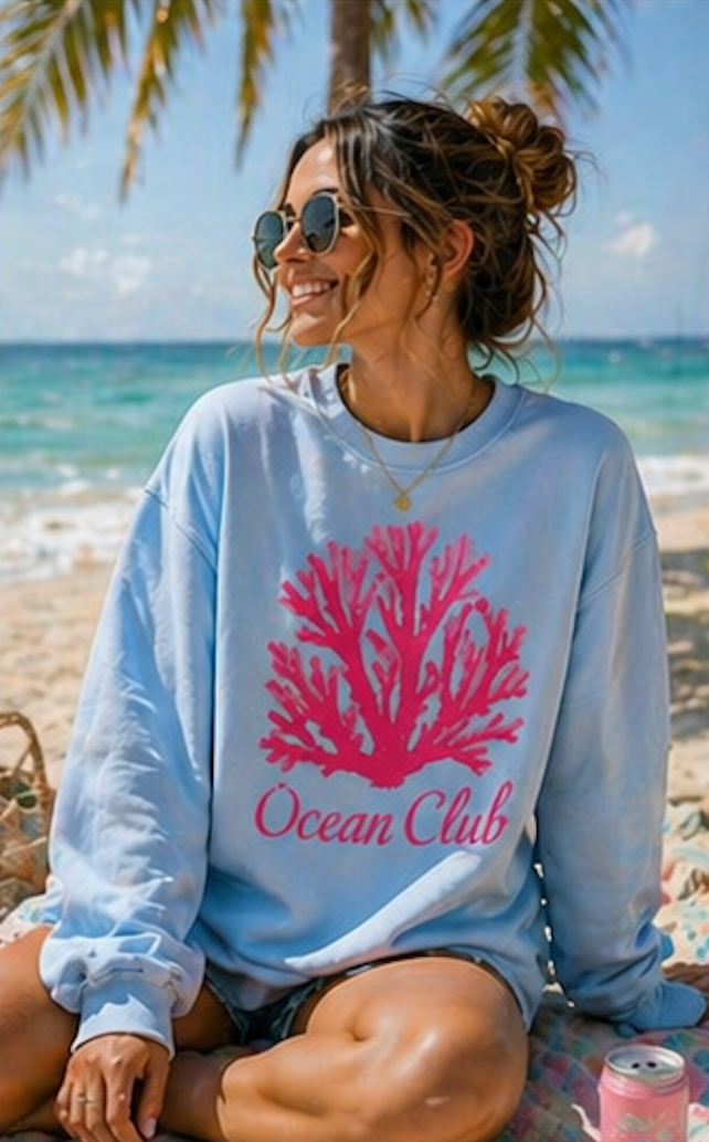 Ocean Club Crewneck • Coastal Summer Sweatshirt • Pink Coral Beach Vacation Pullover • Resort Style