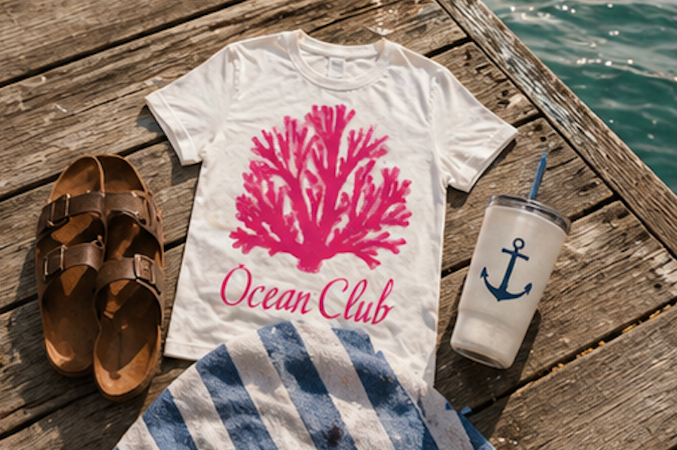 Ocean Club Crewneck • Coastal Summer Sweatshirt • Pink Coral Beach Vacation Pullover • Resort Style