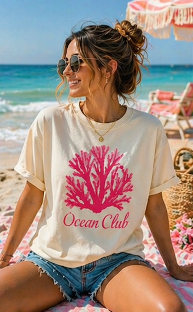 Ocean Club Crewneck • Coastal Summer Sweatshirt • Pink Coral Beach Vacation Pullover • Resort Style
