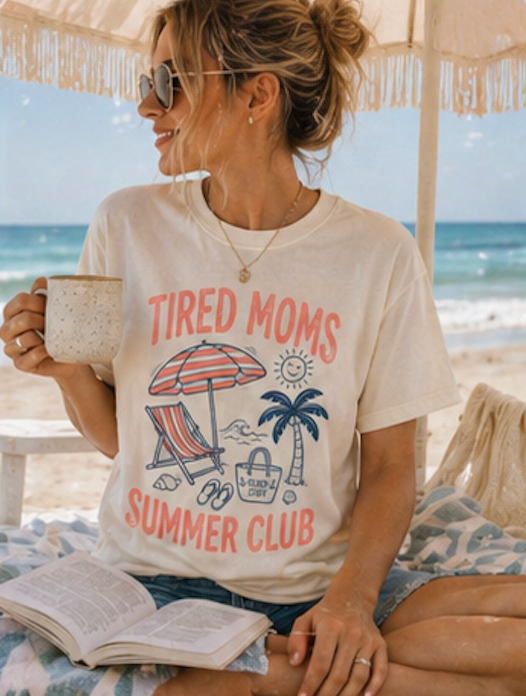 Tired Moms Summer Club Sweatshirt • Beach Mom Crewneck • Summer Mama Graphic Sweatshirt • Coastal Vacation Pullover