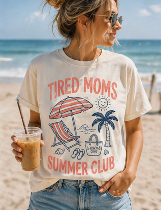 Tired Moms Summer Club Sweatshirt • Beach Mom Crewneck • Summer Mama Graphic Sweatshirt • Coastal Vacation Pullover