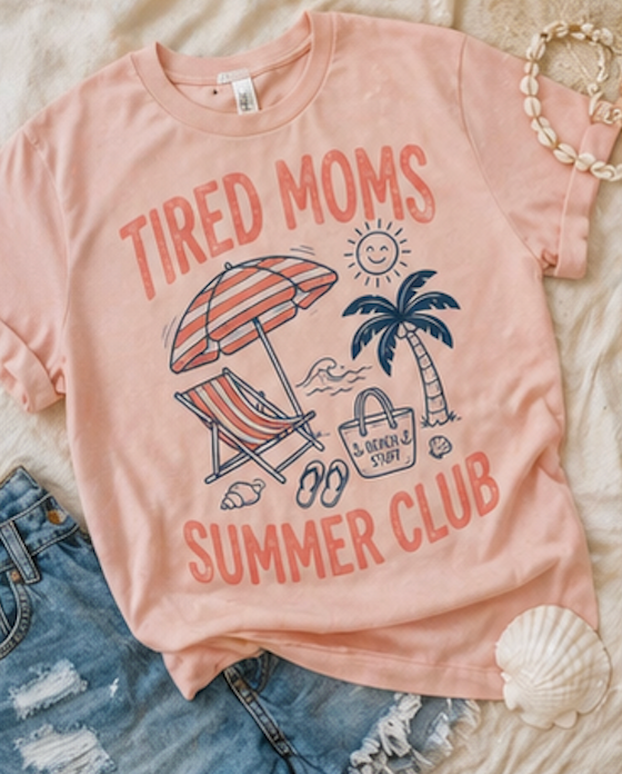 Tired Moms Summer Club Sweatshirt • Beach Mom Crewneck • Summer Mama Graphic Sweatshirt • Coastal Vacation Pullover