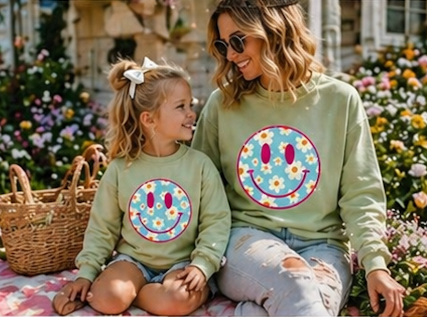 Retro Daisy Smile Sweatshirt • Floral Happy Face Crewneck • Cute Mama Cozy Sweatshirt