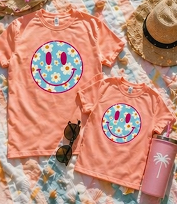 Pink Daisy Smiley Face Tee • Retro Floral Happy Face Shirt • Boutique Mama Graphic Tee