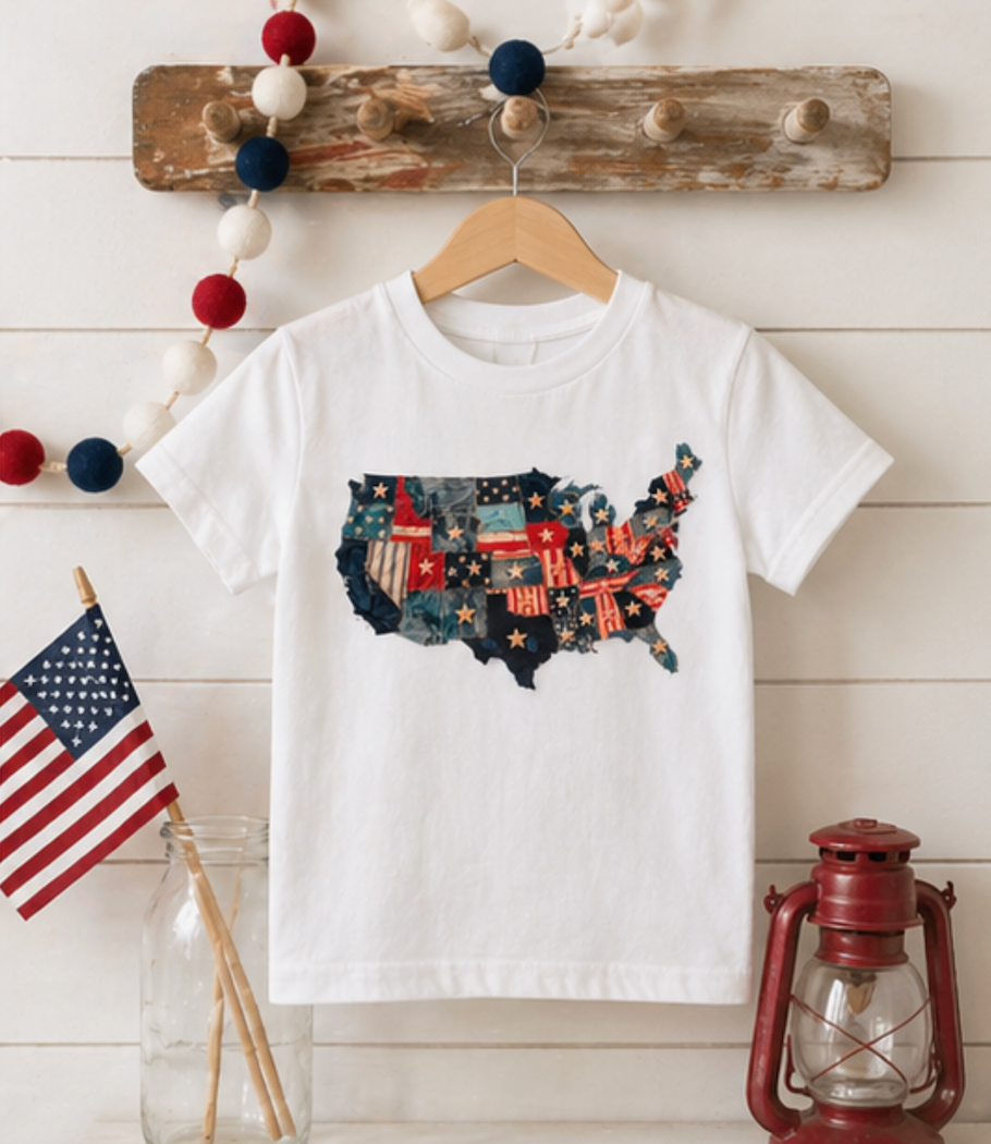 Denim American Flag T-Shirt • USA Patchwork Map Tee • Patriotic Vintage Stars Graphic Shirt