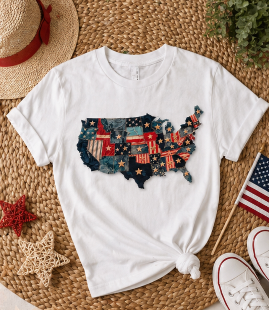 Denim American Flag T-Shirt • USA Patchwork Map Tee • Patriotic Vintage Stars Graphic Shirt