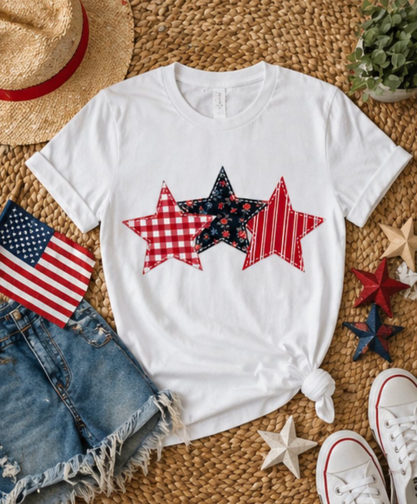 4th of July Patchwork Star Sweatshirt for Summer nights • Floral Gingham Red White Blue USA Crewneck • Patriotic Outfit