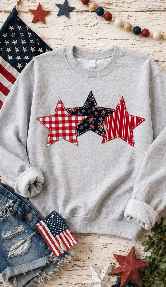 4th of July Patchwork Star Sweatshirt for Summer nights • Floral Gingham Red White Blue USA Crewneck • Patriotic Outfit