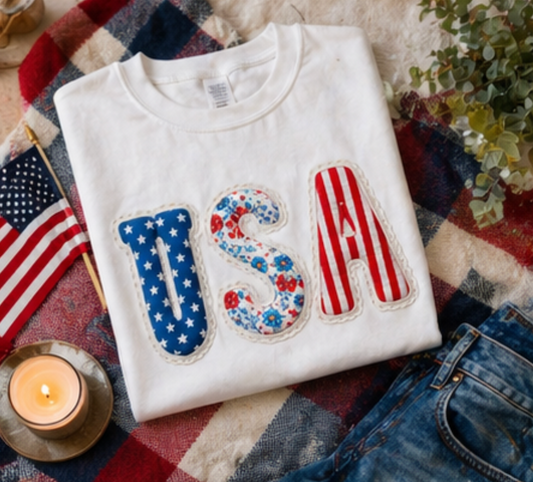 Floral Patchwork USA Shirt • Preppy Patriotic Tee • Vintage Americana Gingham Shirt • 4th of July Mom Outfit