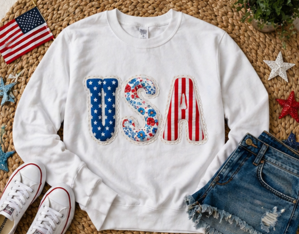 Floral Patchwork USA Shirt • Preppy Patriotic Tee • Vintage Americana Gingham Shirt • 4th of July Mom Outfit