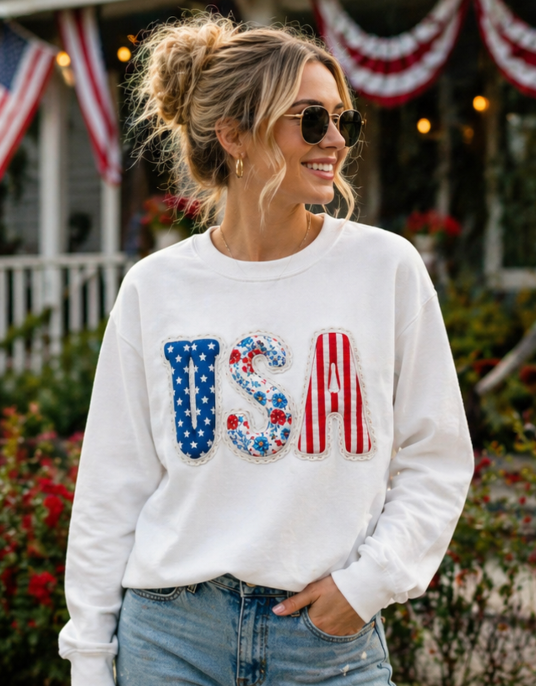 Floral Patchwork USA Shirt • Preppy Patriotic Tee • Vintage Americana Gingham Shirt • 4th of July Mom Outfit