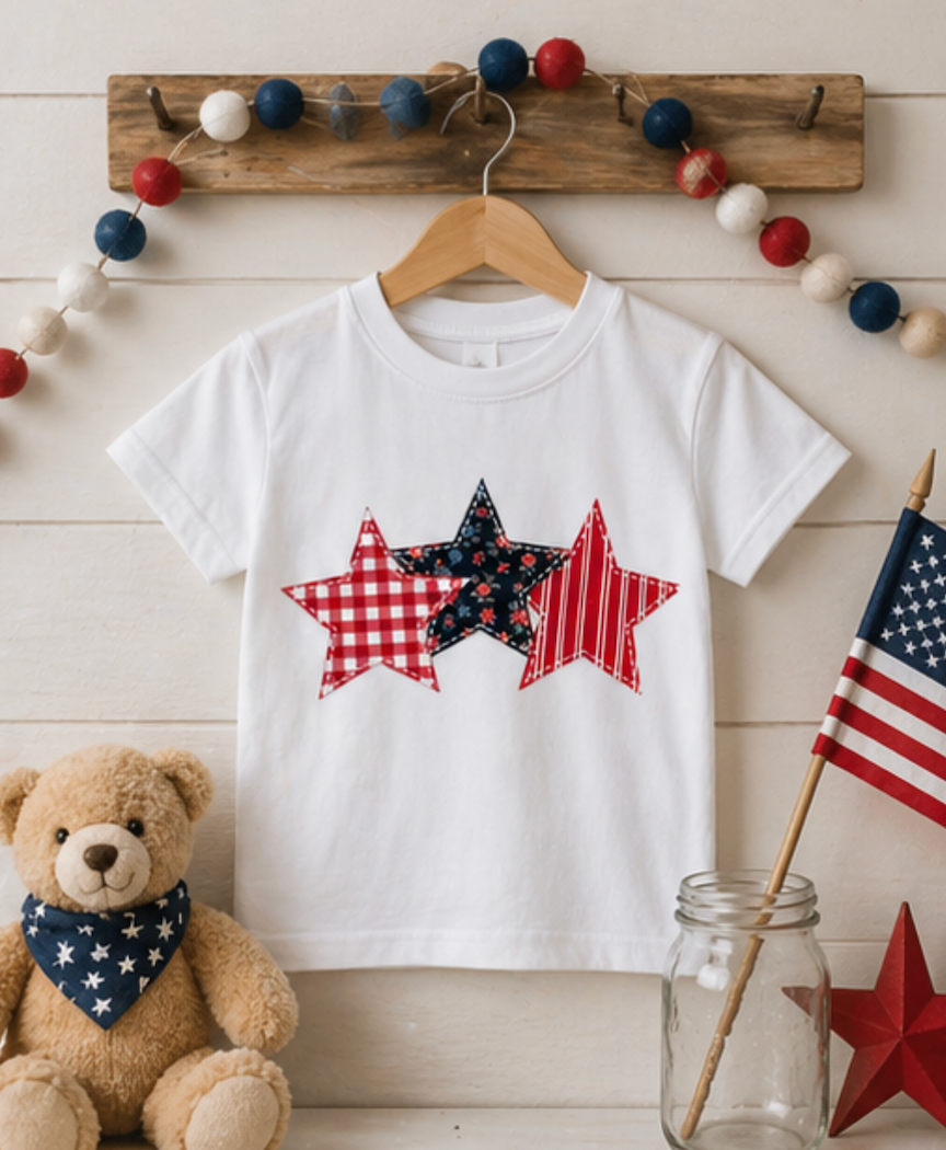 4th of July Patchwork Star T-Shirt for Summer nights • Floral Gingham Red White Blue USA Tee • Patriotic Outfit