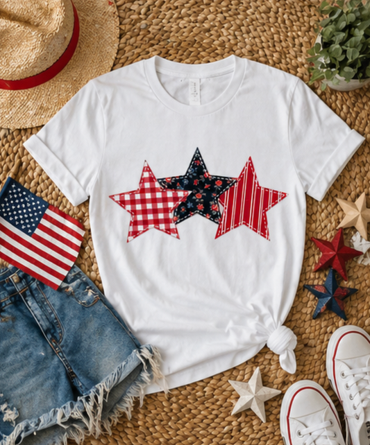 4th of July Patchwork Star T-Shirt for Summer nights • Floral Gingham Red White Blue USA Tee • Patriotic Outfit