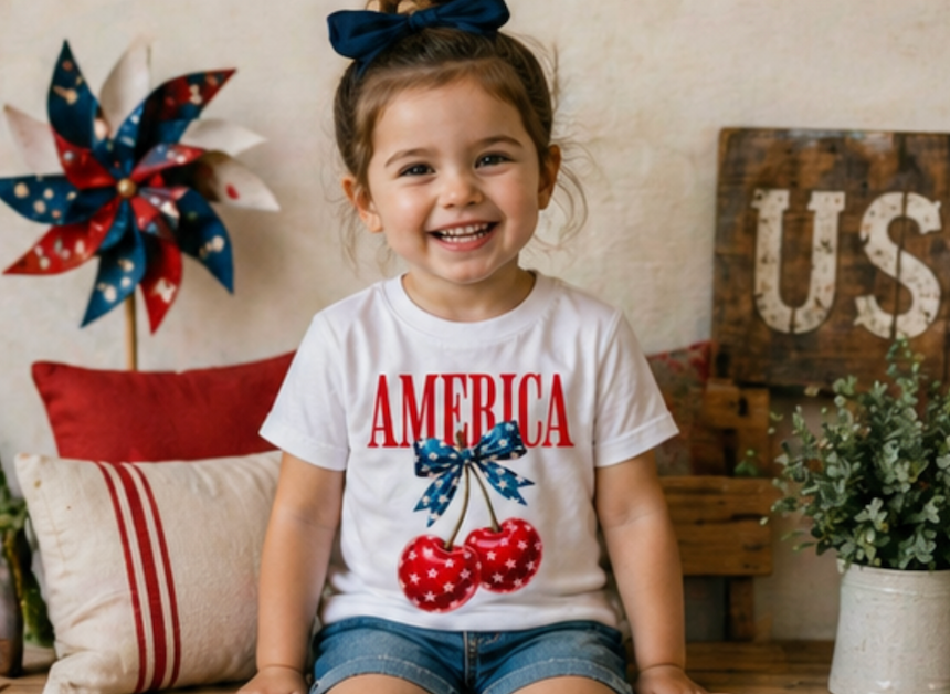 America Cherry Bow T-Shirt • 4th of July Coquette Tee • Red White Blue Graphic Shirt