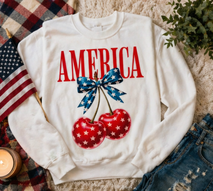 America Cherry Bow T-Shirt • 4th of July Coquette Tee • Red White Blue Graphic Shirt
