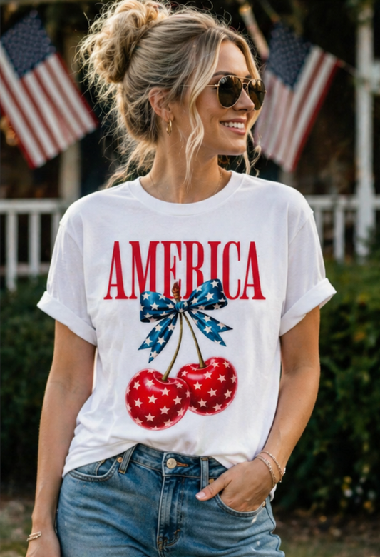 America Cherry Bow T-Shirt • 4th of July Coquette Tee • Red White Blue Graphic Shirt