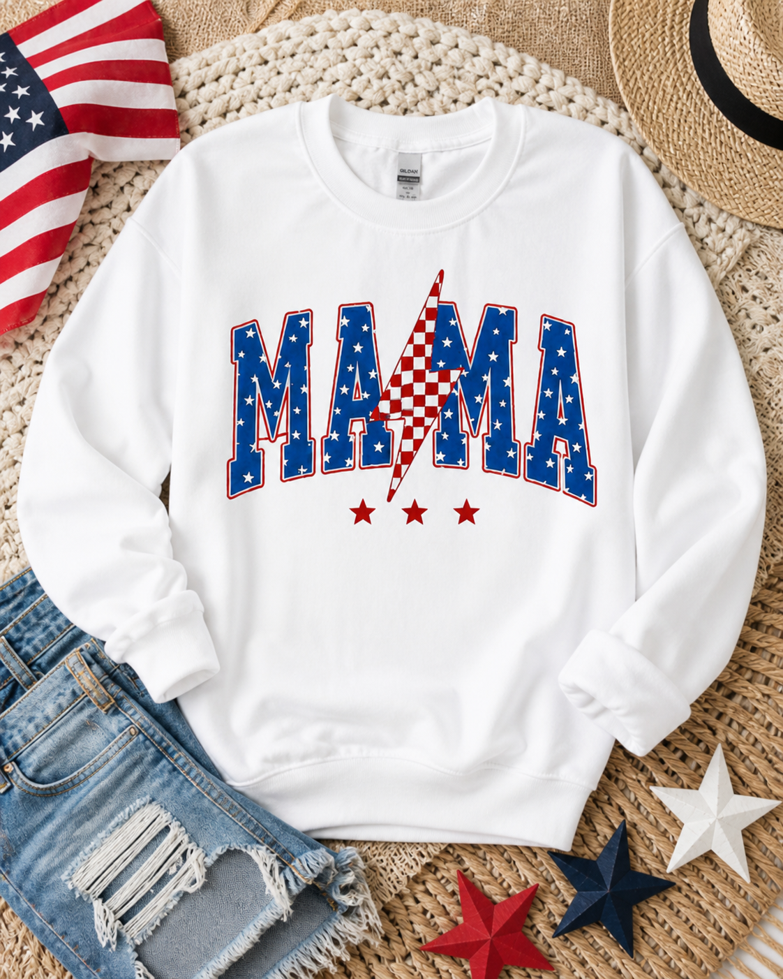 MAMA Lightning Bolt Sweatshirt • Patriotic Mama Crewneck • Red White Blue Americana Graphic • 4th of July Mom