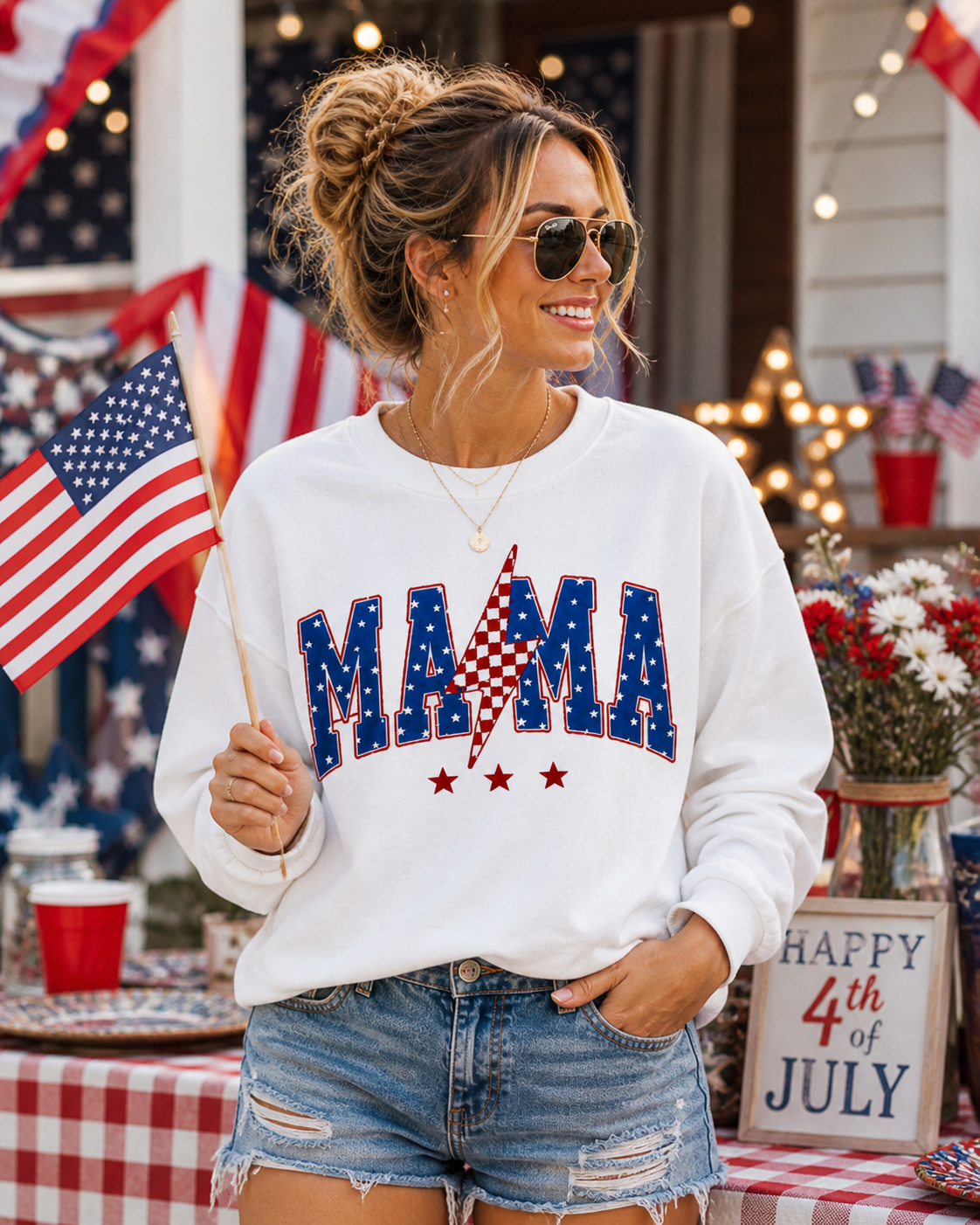 Patriotic MAMA Shirt • Lightning Bolt Mama Tee • Red White Blue Americana Graphic