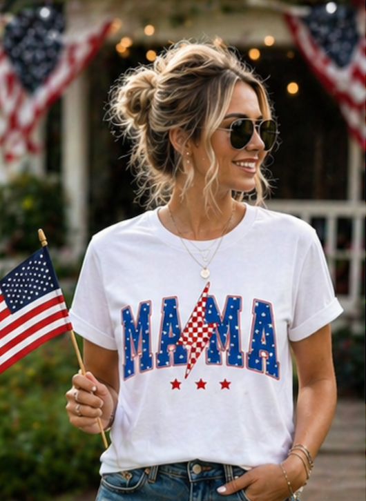 Patriotic MAMA Shirt • Lightning Bolt Mama Tee • Red White Blue Americana Graphic