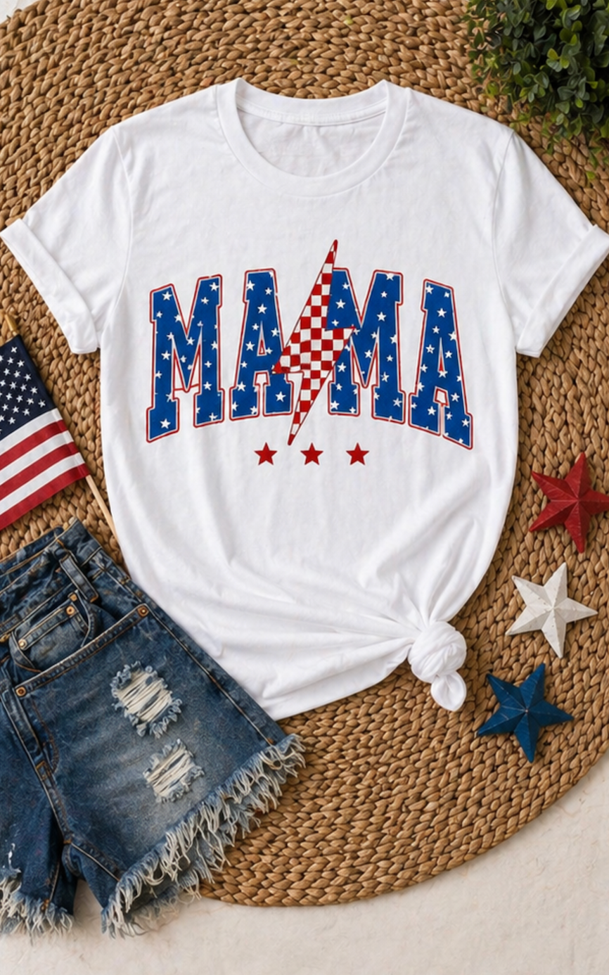 Patriotic MAMA Shirt • Lightning Bolt Mama Tee • Red White Blue Americana Graphic