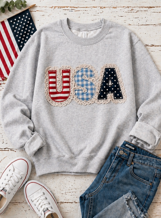 Feux Laced USA Patchwork Sweatshirt • Preppy Patriotic Crewneck • Coquette Americana Sweatshirt • Red White Blue Mama Style