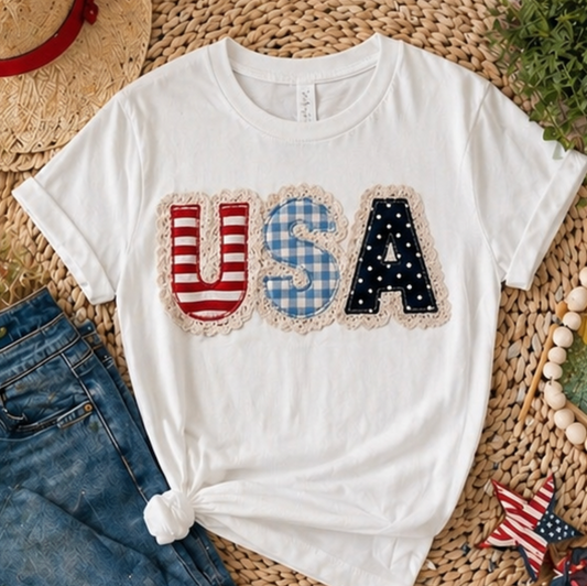 USA Patchwork Shirt • Preppy Patriotic Tee • Coquette Americana Top • Red White Blue Outfit Shirt