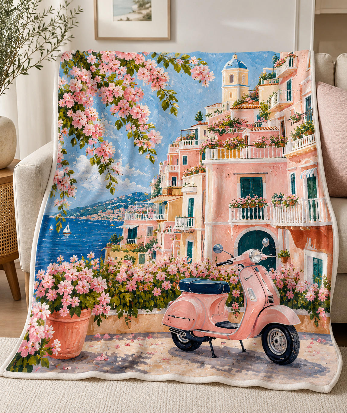 Plush Blanket — Bold Retro Pink Floral on Orange Velveteen