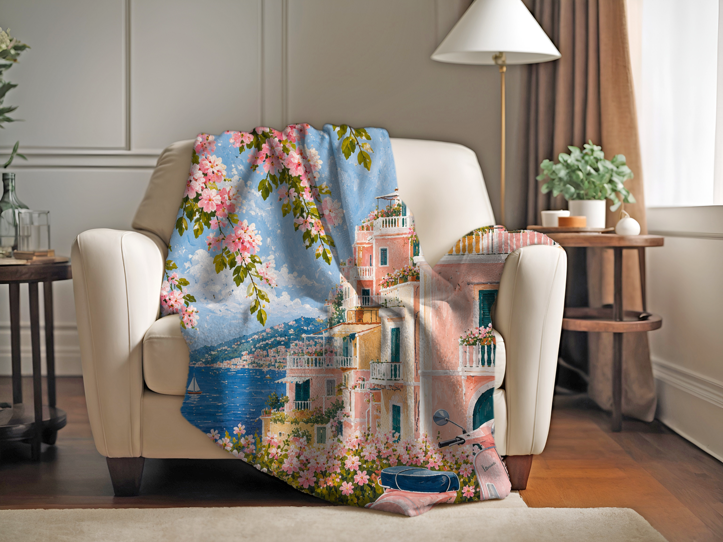 Plush Blanket — Bold Retro Pink Floral on Orange Velveteen