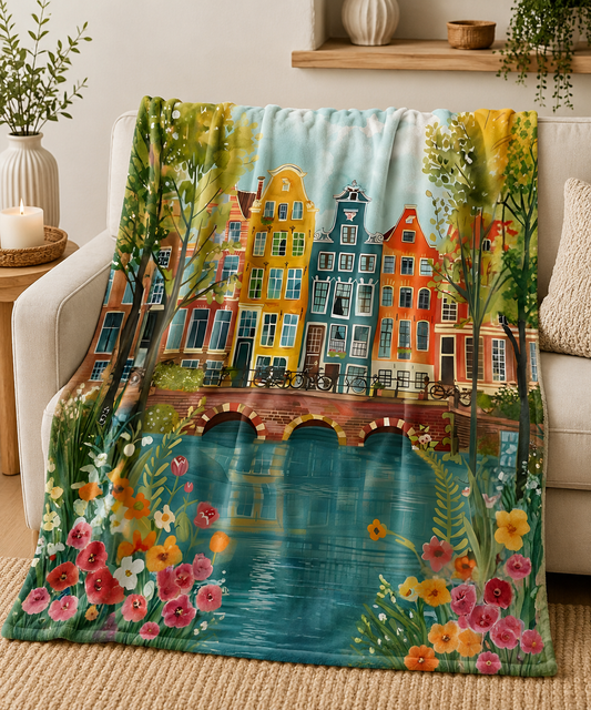 Amsterdam Canal Scene Velveteen Plush Blanket — Cozy Floral Cityscape Throw