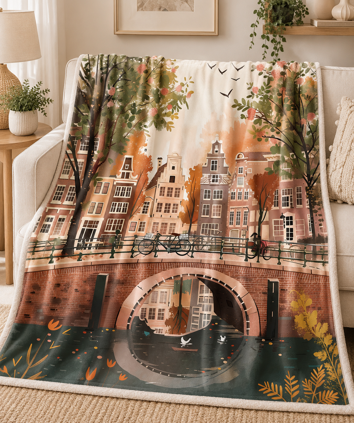 Velveteen Plush Blanket – Autumn Canal Cityscape Throw (Cozy Fall Home Decor)
