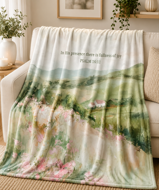 Psalm 16:11 Velveteen Plush Blanket – Floral Countryside Throw, Faith-Inspired Christian Gift