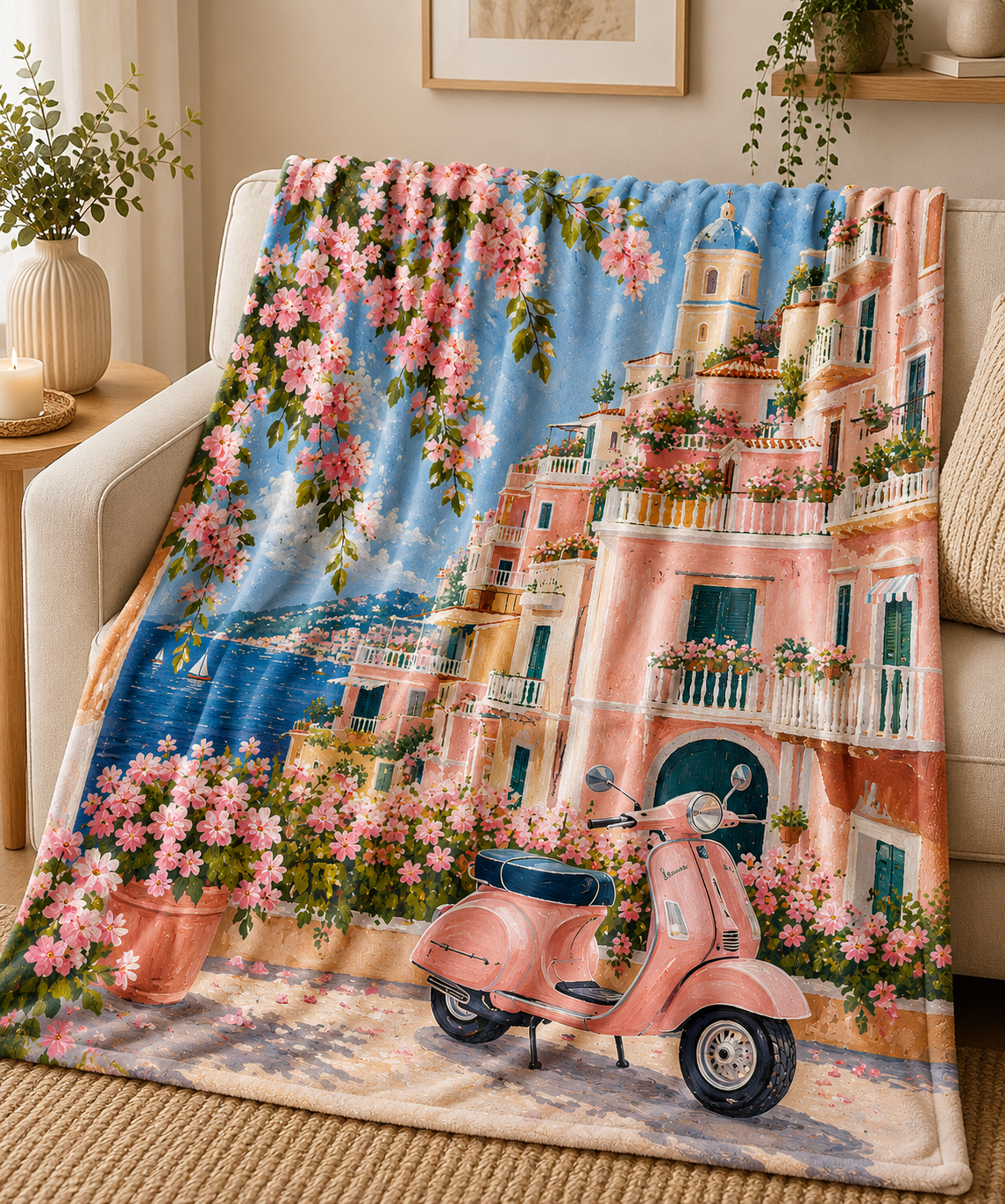 Plush Blanket - Pink Vespa Seaside Velveteen Throw