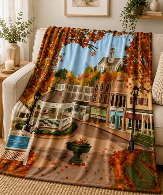 Stars Hollow Velveteen Plush Blanket – Cozy Fall Village Scene