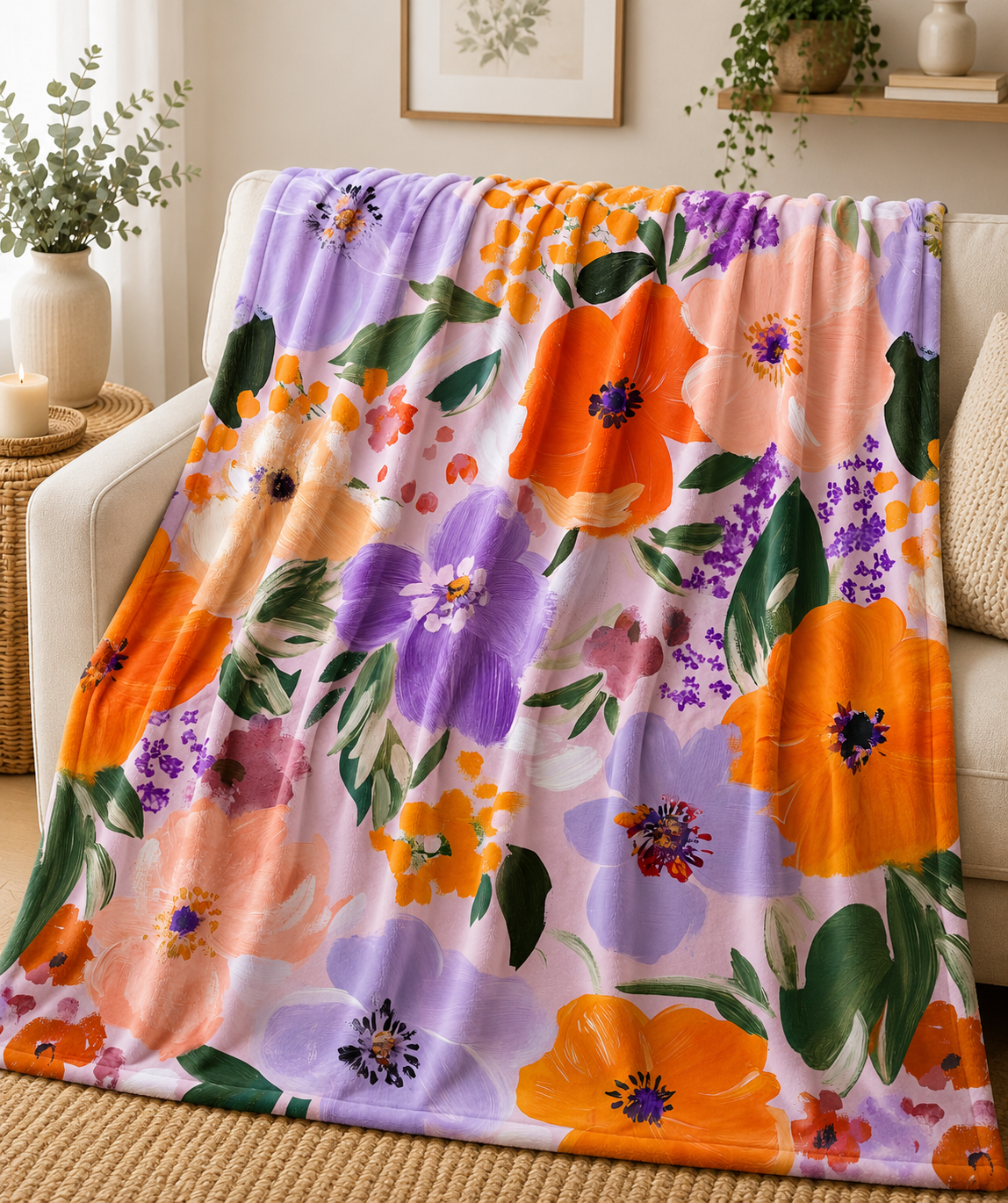 Floral Velveteen Plush Blanket – Bright Orange & Lavender Garden Throw