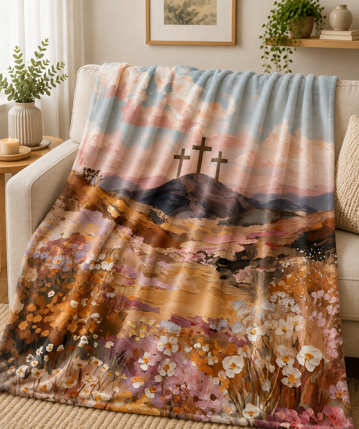 Christian Crosses Plush Blanket — Pastel Floral Velveteen Throw for Easter & Faith Gifts